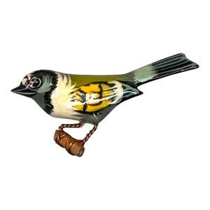 Vintage Hand Painted Takahashi Carved Wood Bird Pin Brooch 2.25" Green Yellow